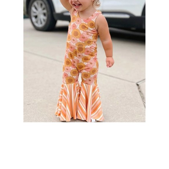 Groovy Jumpsuit Floral Birthday Outfit Clothes Easter Romper Retro Bell Bottom - Picture 2 of 7